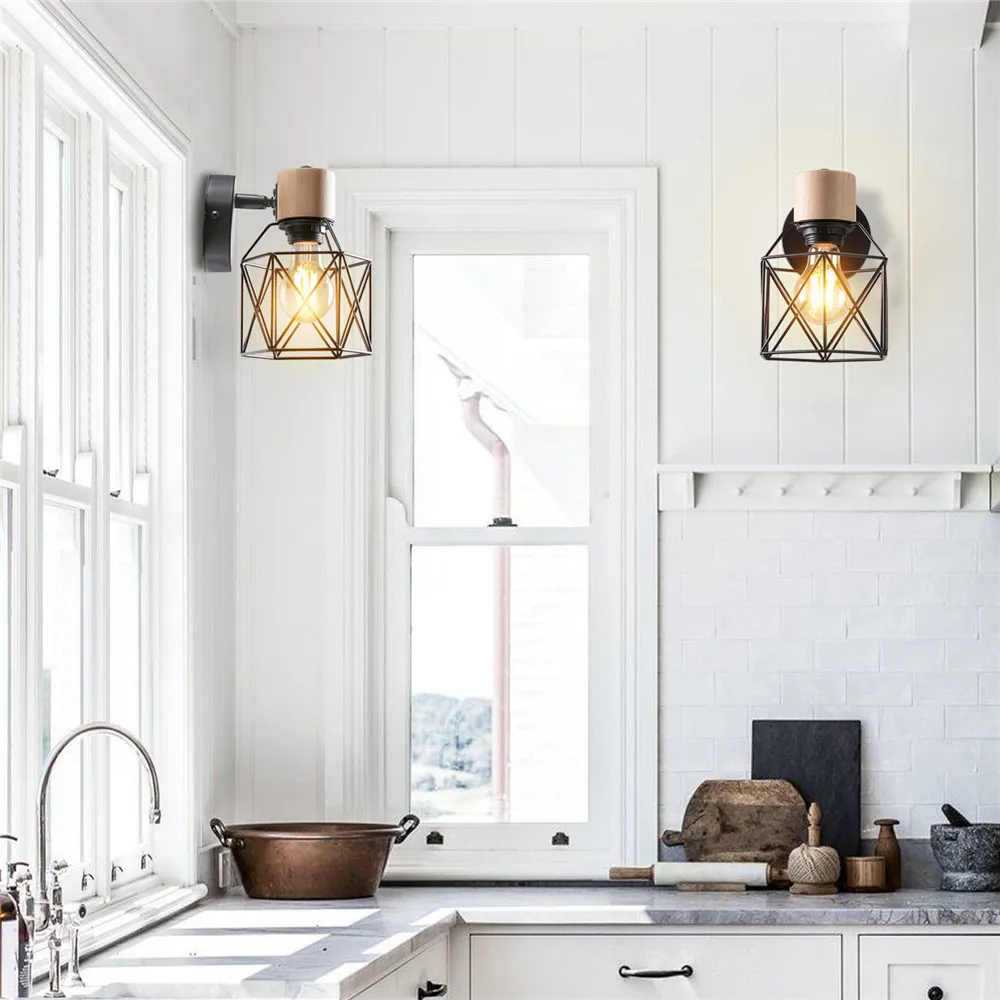 Vintage LED Wall Light Retro Loft Industrial Wall Lamp E27 Wooden Iron Black Cage Lampshade Sconce Indoor Lighting Wandlamp Vintage LED Wall Light Retro Loft Industrial Wall Lamp E27 Wooden Iron Black Cage Lampshade Sconce Indoor Lighting Wandlamp