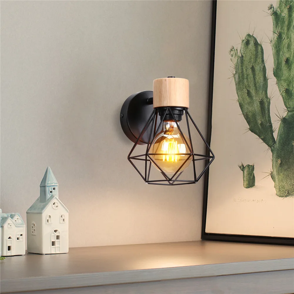 Vintage LED Wall Light Retro Loft Industrial Wall Lamp E27 Wooden Iron Black Cage Lampshade Sconce Indoor Lighting Wandlamp Vintage LED Wall Light Retro Loft Industrial Wall Lamp E27 Wooden Iron Black Cage Lampshade Sconce Indoor Lighting Wandlamp