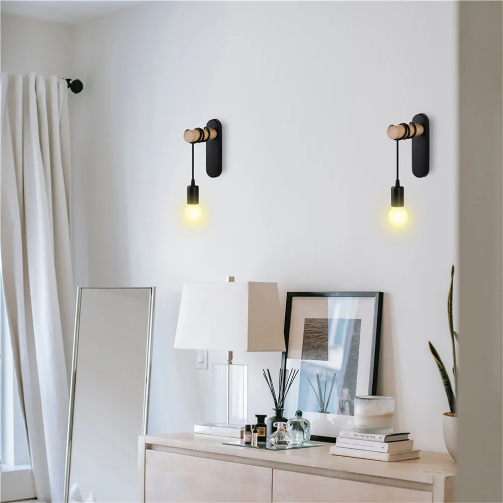 Nordic Wood Wall Lights Bedroom Bedside Lamp Black Creative Modern E27 Wall Lamps Suspension LED Home Lighting Sconce Room Decor Nordic Wood Wall Lights Bedroom Bedside Lamp Black Creative Modern E27 Wall Lamps Suspension LED Home Lighting Sconce Room Decor