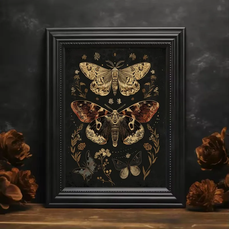 Vintage Gothic Dark Academia Botanical Insects Moths Butterflies Flower Poster Canvas Painting Wall Art Pictures Home Decor