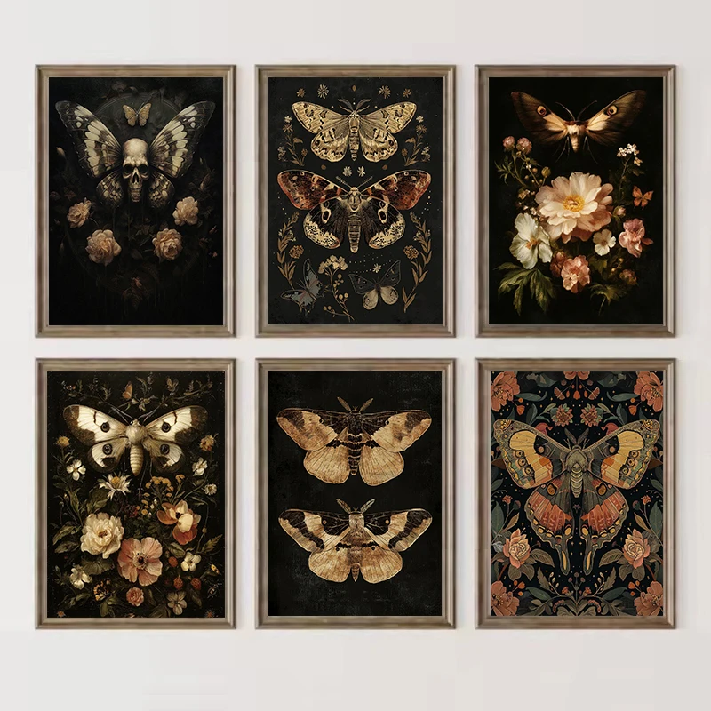 Vintage Gothic Dark Academia Botanical Insects Moths Butterflies Flower Poster Canvas Painting Wall Art Pictures Home Decor