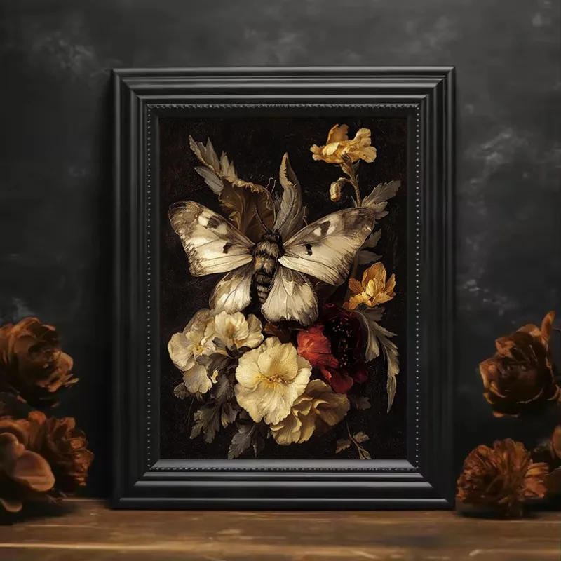 Vintage Gothic Dark Academia Botanical Insects Moths Butterflies Flower Poster Canvas Painting Wall Art Pictures Home Decor