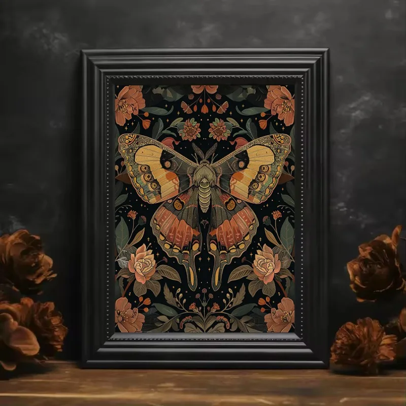Vintage Gothic Dark Academia Botanical Insects Moths Butterflies Flower Poster Canvas Painting Wall Art Pictures Home Decor