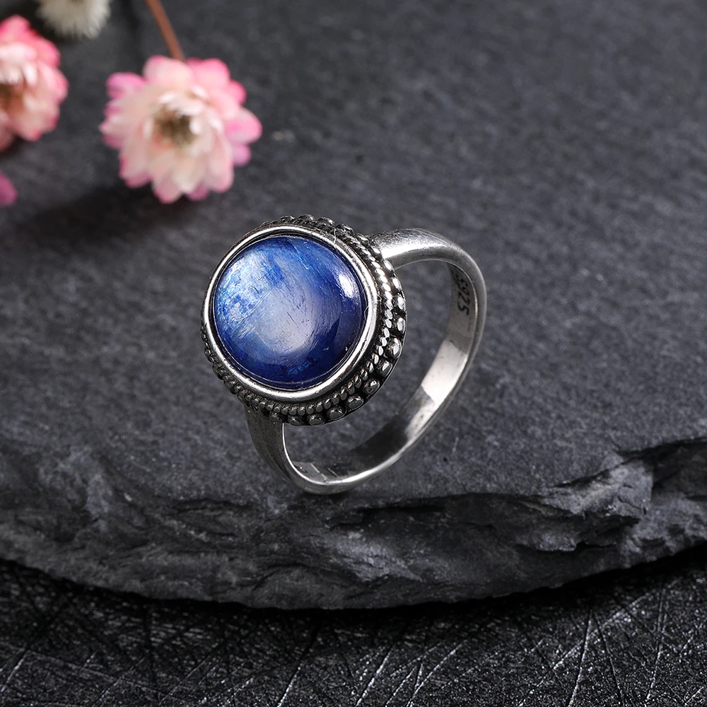 925 Sterling Silver Natural Kyanite Gemstone Jewelry Anniversary Party Gift for Women Black Onyx 10*12mm Moonstone Ring