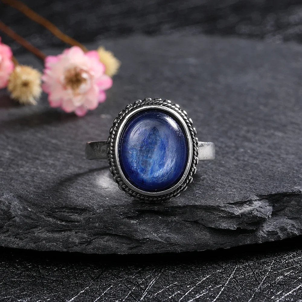 925 Sterling Silver Natural Kyanite Gemstone Jewelry Anniversary Party Gift for Women Black Onyx 10*12mm Moonstone Ring