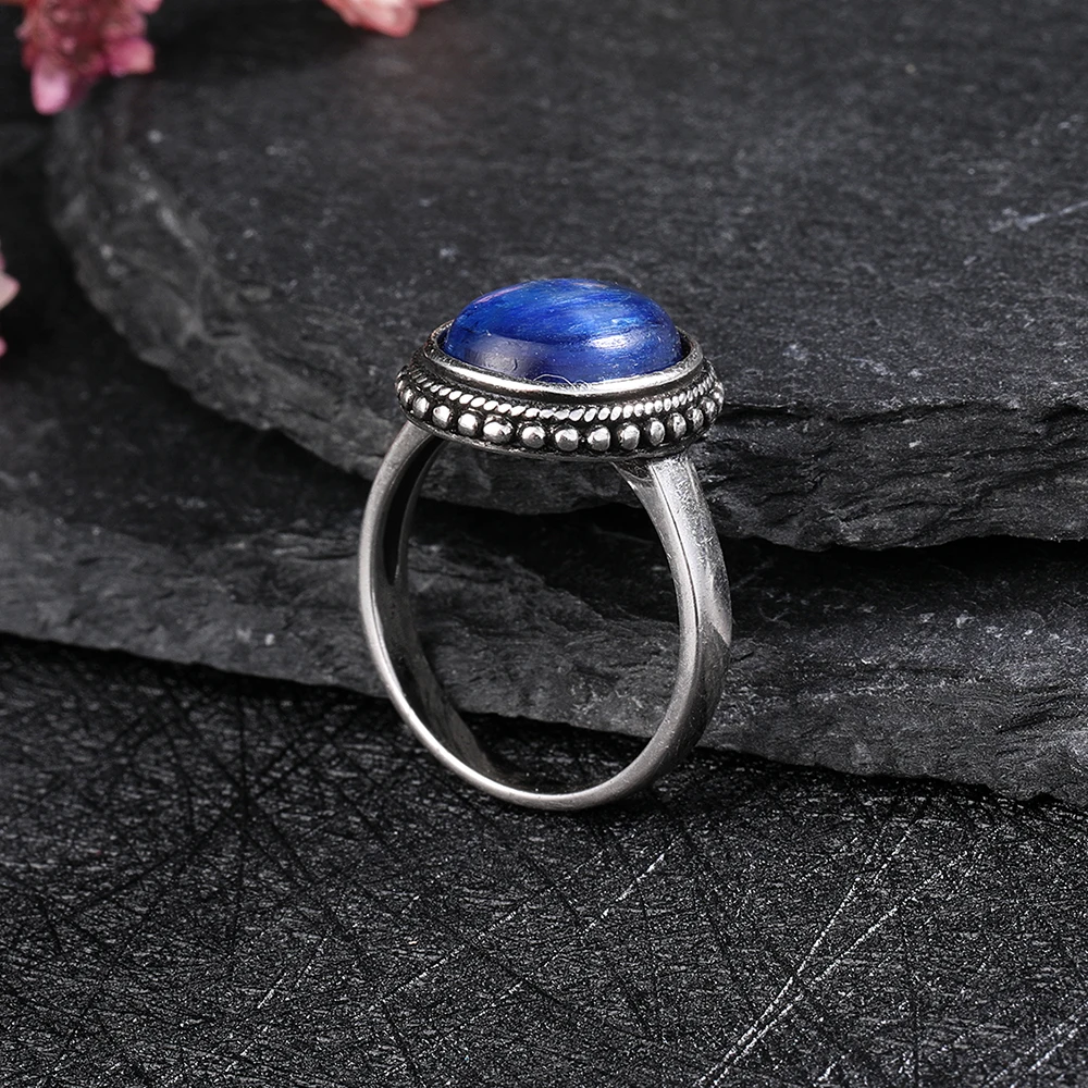 925 Sterling Silver Natural Kyanite Gemstone Jewelry Anniversary Party Gift for Women Black Onyx 10*12mm Moonstone Ring