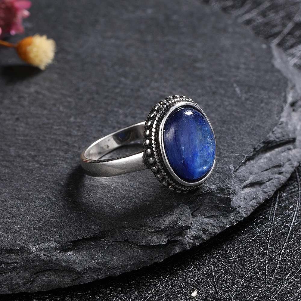 925 Sterling Silver Natural Kyanite Gemstone Jewelry Anniversary Party Gift for Women Black Onyx 10*12mm Moonstone Ring