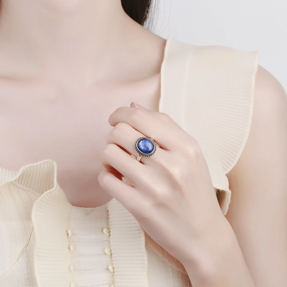 925 Sterling Silver Natural Kyanite Gemstone Jewelry Anniversary Party Gift for Women Black Onyx 10*12mm Moonstone Ring