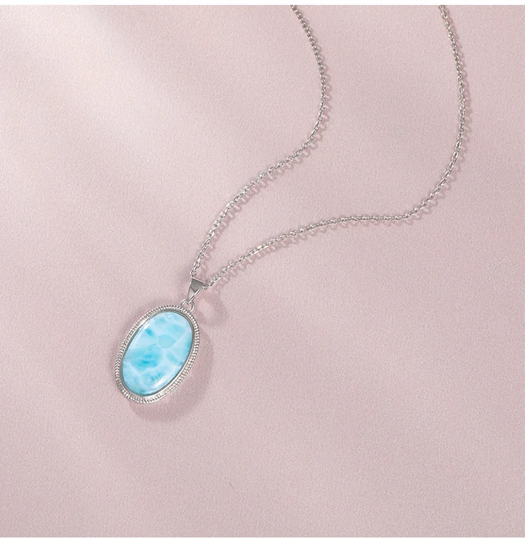 925 Sterling Silver Jewelry Gifts Classic Pendant Necklace Natural Precious Larimar Retro Woman Oval Charm Rhodium Plated Gold