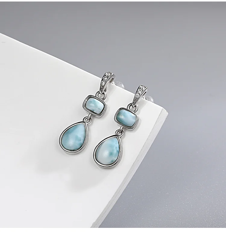 New Fashion Geometry Streamlined Long 925 Sterling Silver Jewelry Girl Natural Precious Larimar Earrings Women New Fashion Geometry Streamlined Long 925 Sterling Silver Jewelry Girl Natural Precious Larimar Earrings Women
