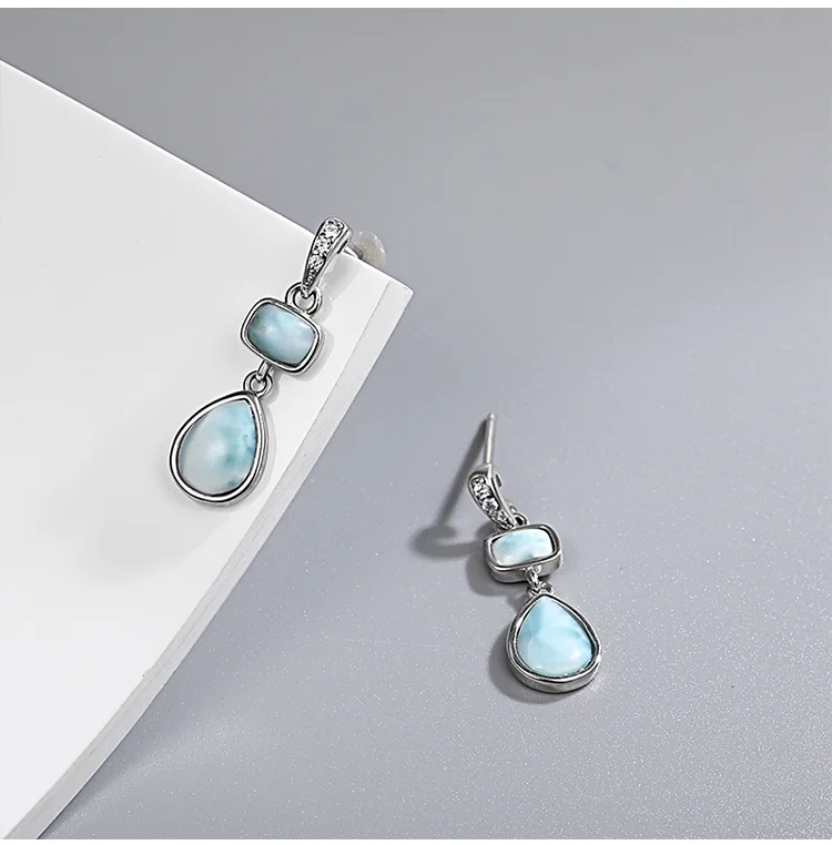 New Fashion Geometry Streamlined Long 925 Sterling Silver Jewelry Girl Natural Precious Larimar Earrings Women New Fashion Geometry Streamlined Long 925 Sterling Silver Jewelry Girl Natural Precious Larimar Earrings Women