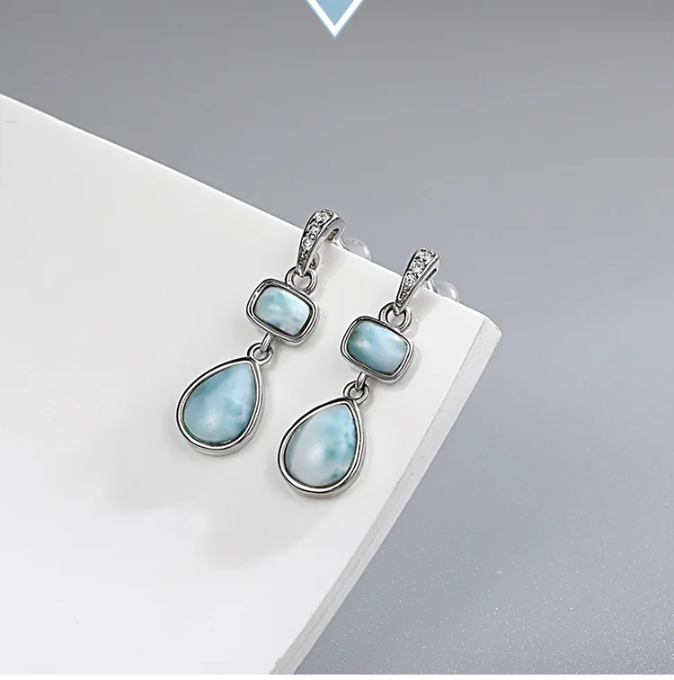 New Fashion Geometry Streamlined Long 925 Sterling Silver Jewelry Girl Natural Precious Larimar Earrings Women New Fashion Geometry Streamlined Long 925 Sterling Silver Jewelry Girl Natural Precious Larimar Earrings Women