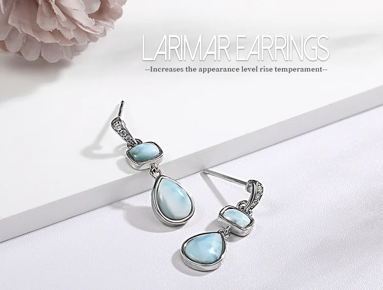 New Fashion Geometry Streamlined Long 925 Sterling Silver Jewelry Girl Natural Precious Larimar Earrings Women New Fashion Geometry Streamlined Long 925 Sterling Silver Jewelry Girl Natural Precious Larimar Earrings Women