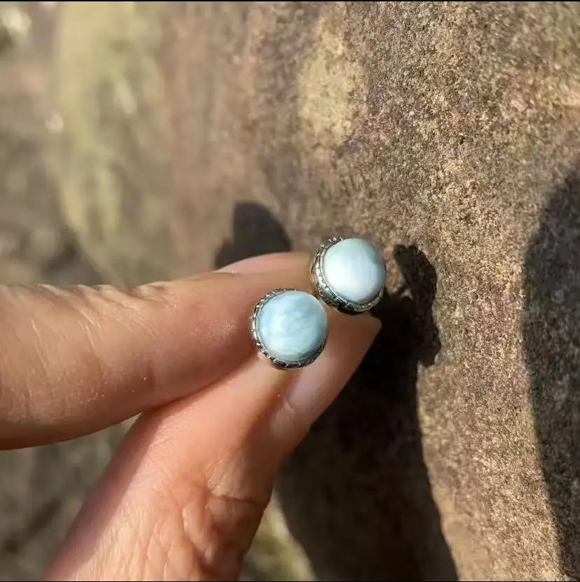 HEYYA STONE Round Natural Larimar Stud Earrings For Women 925 Silver Earrings Simple Fine Jewelry Stone Gemstone Classic Style HEYYA STONE Round Natural Larimar Stud Earrings For Women 925 Silver Earrings Simple Fine Jewelry Stone Gemstone Classic Style