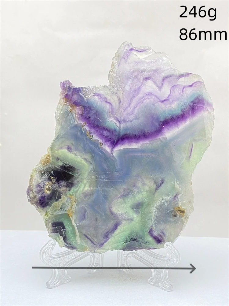 Natural Colorful Rainbow Fluorite Raw Stone Slice Striped Polished Gemstone Aura Crystal Specimen Office Home Decoration + Base Natural Colorful Rainbow Fluorite Raw Stone Slice Striped Polished Gemstone Aura Crystal Specimen Office Home Decoration + Base