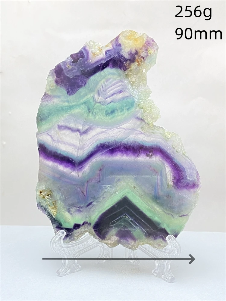 Natural Colorful Rainbow Fluorite Raw Stone Slice Striped Polished Gemstone Aura Crystal Specimen Office Home Decoration + Base Natural Colorful Rainbow Fluorite Raw Stone Slice Striped Polished Gemstone Aura Crystal Specimen Office Home Decoration + Base