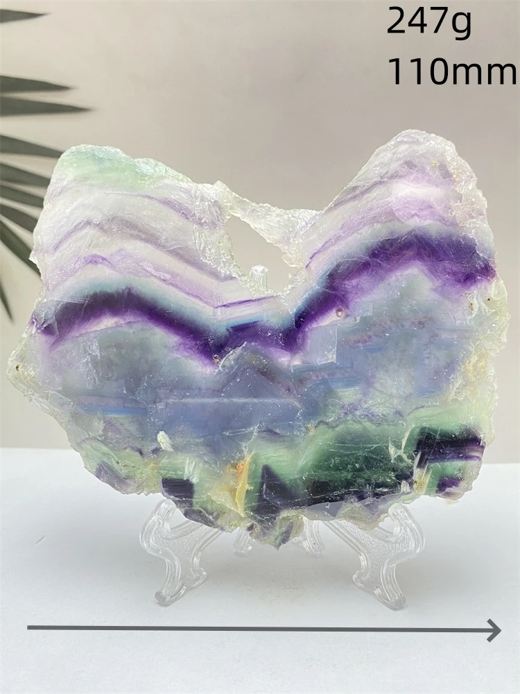 Natural Colorful Rainbow Fluorite Raw Stone Slice Striped Polished Gemstone Aura Crystal Specimen Office Home Decoration + Base Natural Colorful Rainbow Fluorite Raw Stone Slice Striped Polished Gemstone Aura Crystal Specimen Office Home Decoration + Base