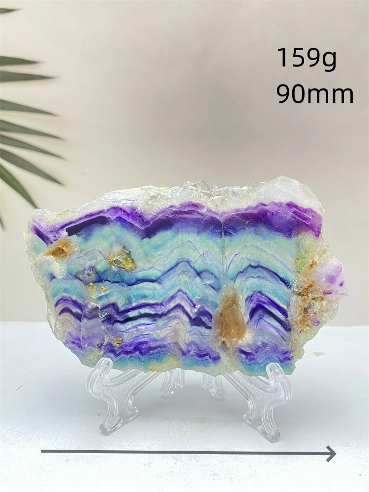 Natural Colorful Rainbow Fluorite Raw Stone Slice Striped Polished Gemstone Aura Crystal Specimen Office Home Decoration + Base Natural Colorful Rainbow Fluorite Raw Stone Slice Striped Polished Gemstone Aura Crystal Specimen Office Home Decoration + Base