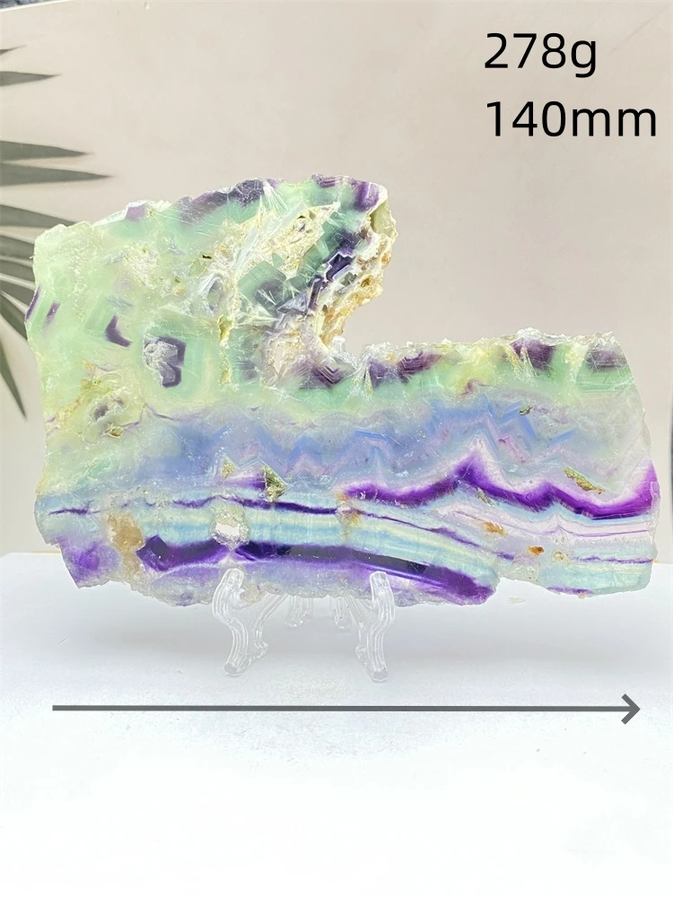 Natural Colorful Rainbow Fluorite Raw Stone Slice Striped Polished Gemstone Aura Crystal Specimen Office Home Decoration + Base Natural Colorful Rainbow Fluorite Raw Stone Slice Striped Polished Gemstone Aura Crystal Specimen Office Home Decoration + Base