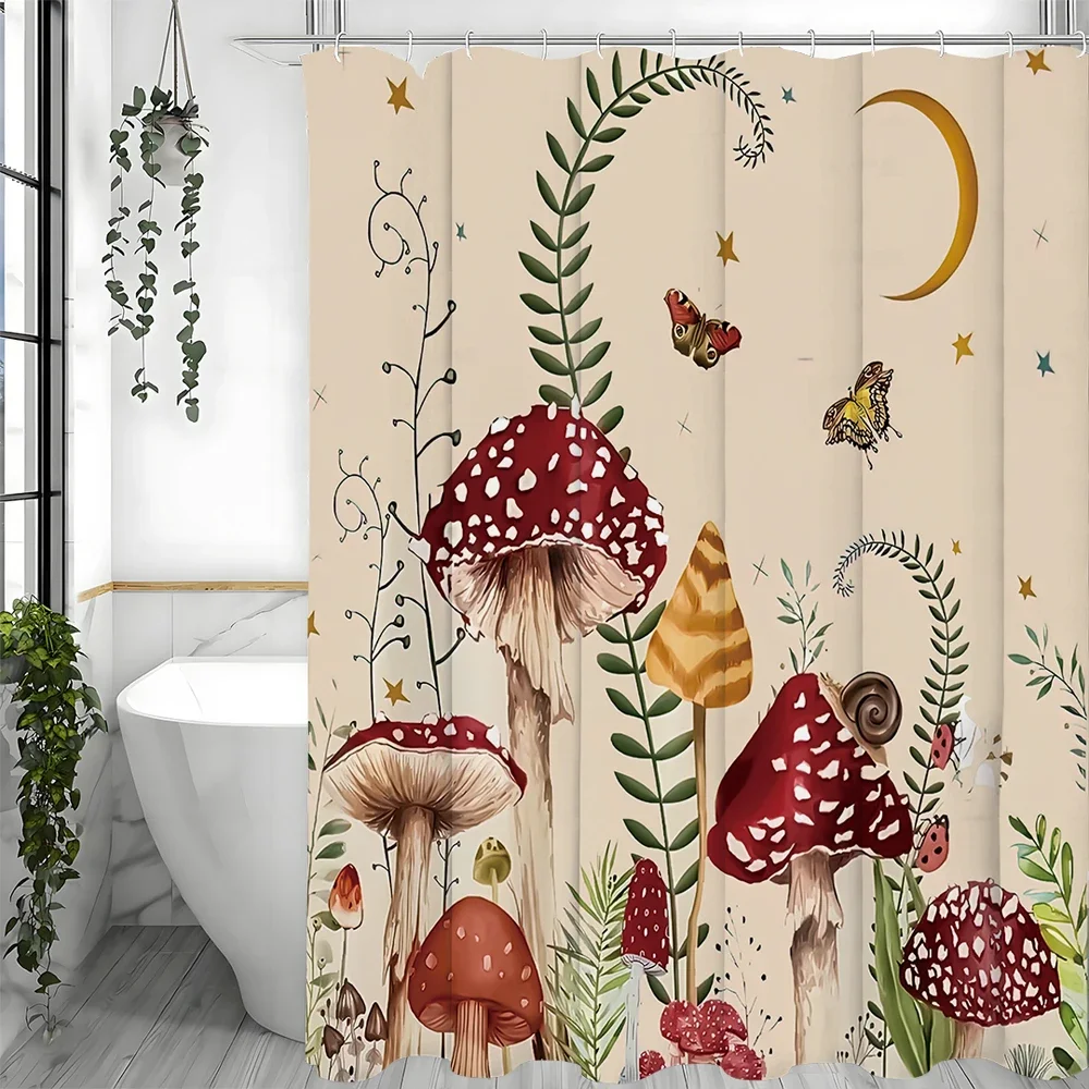 Mushroom Beige Floral Moon and Botanical Aesthetic Decorative Shower Curtain, Bathroom Decorative Shower Curtain, Waterproof Sho Mushroom Beige Floral Moon and Botanical Aesthetic Decorative Shower Curtain, Bathroom Decorative Shower Curtain, Waterproof Sho