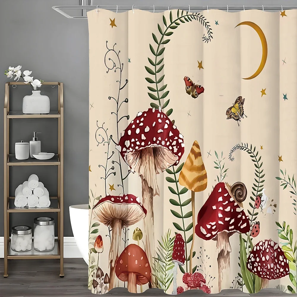 Mushroom Beige Floral Moon and Botanical Aesthetic Decorative Shower Curtain, Bathroom Decorative Shower Curtain, Waterproof Sho Mushroom Beige Floral Moon and Botanical Aesthetic Decorative Shower Curtain, Bathroom Decorative Shower Curtain, Waterproof Sho