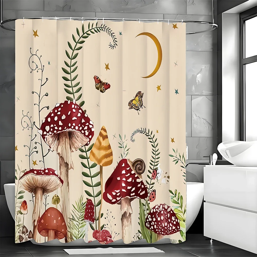 Mushroom Beige Floral Moon and Botanical Aesthetic Decorative Shower Curtain, Bathroom Decorative Shower Curtain, Waterproof Sho Mushroom Beige Floral Moon and Botanical Aesthetic Decorative Shower Curtain, Bathroom Decorative Shower Curtain, Waterproof Sho